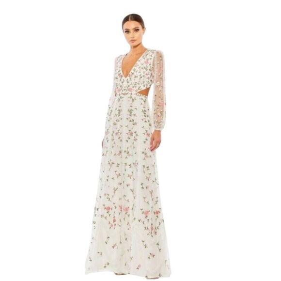 Mac Duggal NEW Size 0 70159 Ivory Multi Floral Cutout Waist Lace-Up Back Dress - Picture 1 of 11